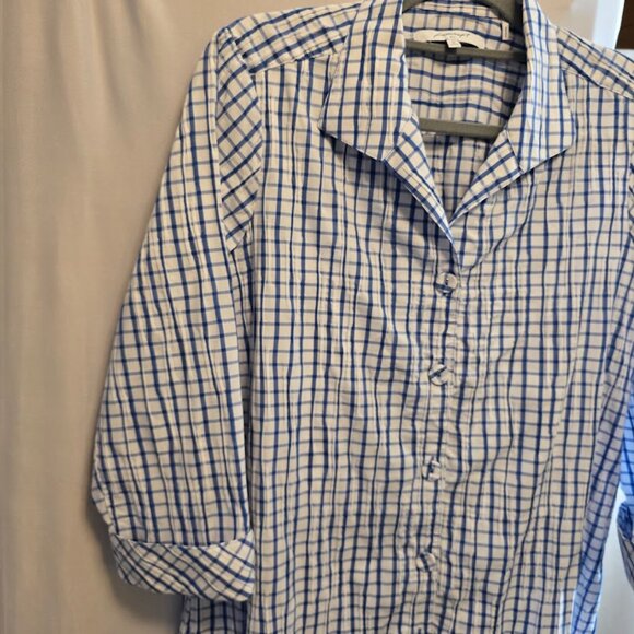 FOXCROFT NYC SIZE 10 SHAPED BLUE WHITE STRIPE TUNIC 3/4 SLEEVES VNECK CRINKLE - Picture 6 of 11